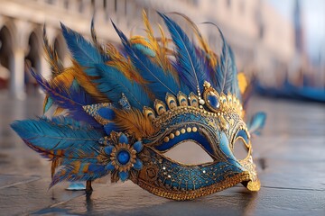 Celebrate Venice Carnival with a golden carnival mask embellished with colorful feathers on a charming Venetian setting. Generative Ai