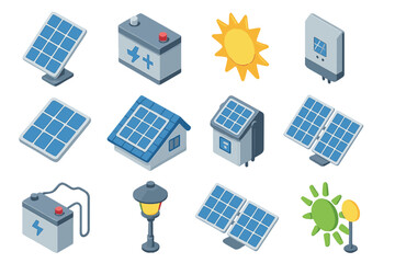 Isometric solar energy icons featuring panels, batteries, and sun symbols