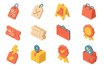 Colorful 3d icons: discounts, tickets, shopping bags, awards, boxes