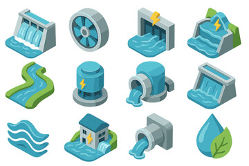 Various hydropower and water flow icons: renewable energy concepts