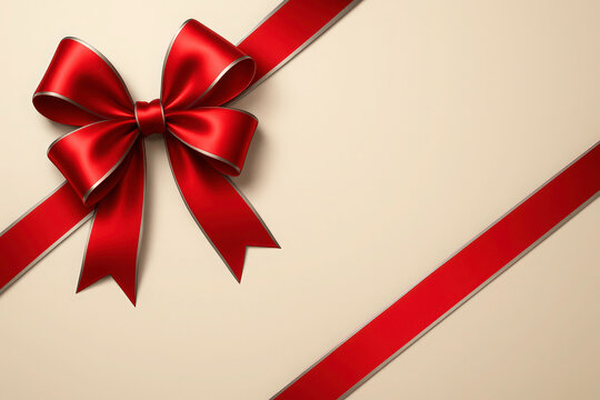 A vector-style graphic featuring a vivid ruby red satin bow with silver edges placed prominently in the top-left corner of the frame. A matching red ribbon flows diagonally - Powered by Adobe