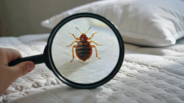 Bed bug magnified on mattress, white pillow.