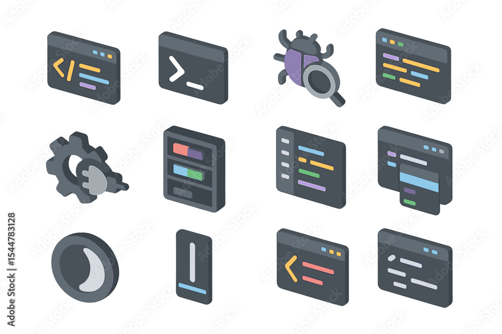 Wall mural isometric icons of coding and development tools on dark background