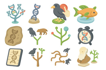 Obraz premium Diverse evolutionary elements: dna, animals, fossils, and charles darwin