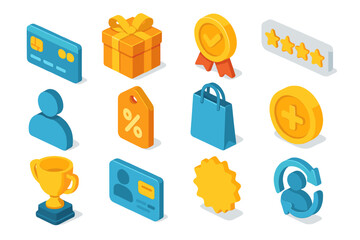 Isometric shopping icons with credit card, gift, rating, and shopping bag