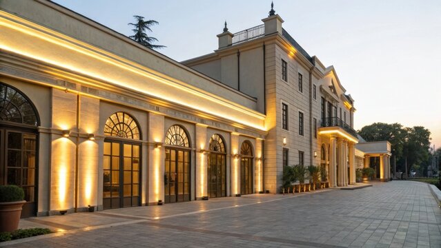 Elegant building exterior illuminated at dusk with architectural details.