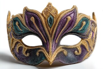 A glittering Mardi gras mask in shades of gold, purple, and green, set against a white backdrop. Generative Ai