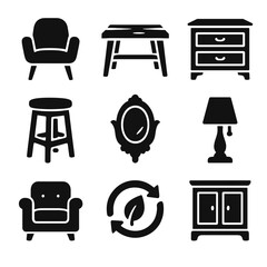 Vintage Furniture Icons. Solid, filled icons set of vintage and upcycled furniture: retro chair, reclaimed table, 