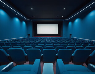 Empty of cinema in blue color with white blank screen. Mockup of hall, auditorium. Empty of cinema in blue color with white blank screen. 