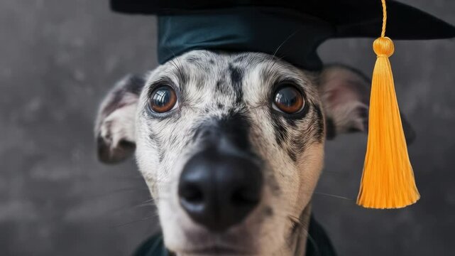 Cute dog graduates wearing a graduation cap and tassel, celebrating a significant achievement in a playful manner