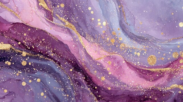Abstract purple watercolor background with liquid gold swirls and dots, pastel lavender marble texture, dreamy and elegant vector art illustration with soft pastel colors and fluid design.