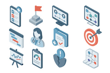 Fototapeta premium Isometric medical and technology icons with charts and targets