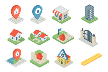 Colorful isometric map icons for urban and suburban planning