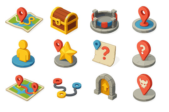 Colorful game icons featuring treasure, maps, and adventure elements