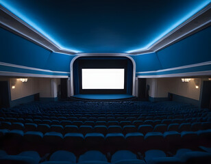 Fototapeta premium Empty of cinema in blue color with white blank screen. Mockup of hall, auditorium. Empty of cinema in blue color with white blank screen. 