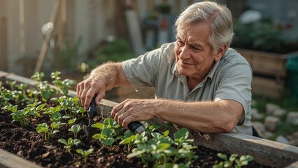 Fototapeta premium Senior man tending to plants in a raised garden bed with a small hand tool on a sunny day outdoors