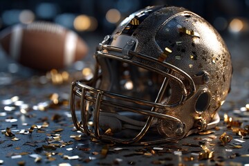 On a black surface, a golden football helmet and a ball encircled by confetti Golden hues represent the celebration of victory. Generative Ai
