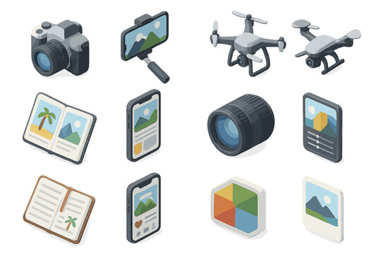 Isometric icons of camera equipment, drones, smartphones, and photo apps