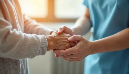 Elderly woman hand held by caregiver. Showing support care, compassion in nursing home. Senior citizen in medical assistance. Generational connection, empathy. Health care, medicine, wellness.