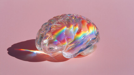 crystal transparent brain, with refracted rainbow light isolated on plain pink studio background	