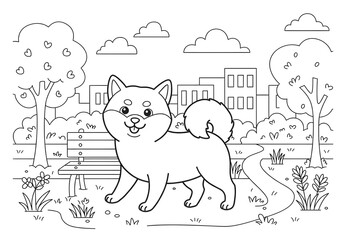 Coloring pages. cartoon dog with city park theme coloring page. easy coloring page for kids. ready to print on standard A4 or 8.5x11 inch paper.