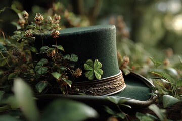 Close-up of a green leprechaun's top hat with a clover leaf in the middle against a backdrop of a magical green forest. Generative Ai