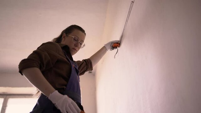 Young woman making home repair, measuring wall with tape ruler. repair, building and home renovation