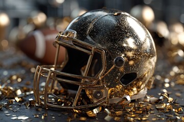 On a black surface, a golden football helmet and a ball encircled by confetti Golden hues represent the celebration of victory. Generative Ai