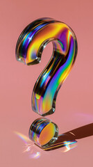 crystal ? question mark faq, with refracted rainbow light isolated on plain pink studio background	
