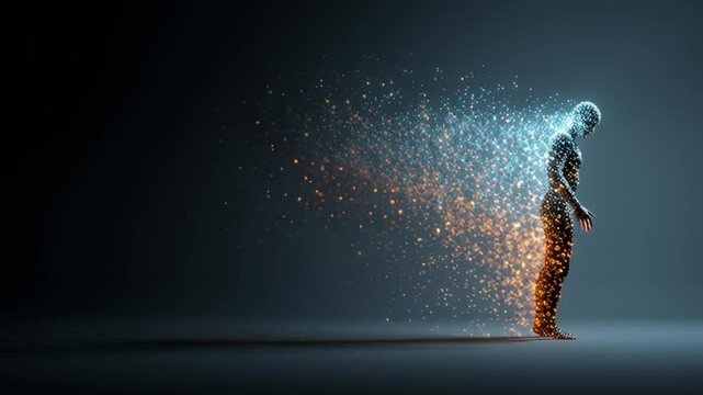 Ephemeral Transformation: A figure stands in a moment of profound change, their form dissolving into particles, a visual exploration of existence and the impermanence of life.