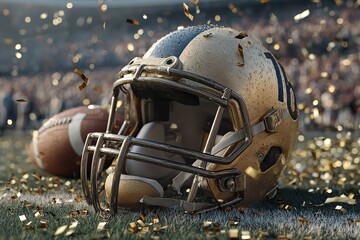Ball on field, golden football helmet. There is confetti. athletic gear. Moment of victory. Generative Ai
