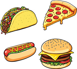 Cartoon Fast Food Combo Set – Playful Vector Featuring Taco, Pizza, Hot Dog, and Hamburger with Toppings