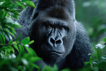 Obraz premium Majestic gorilla among lush greenery in a dense jungle during daylight