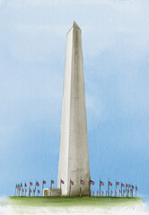 Washington Monument. Flag Day. Landmark of the US capital. Watercolor illustration. Hand drawing. Postcard or poster. Souvenir for a tourist.