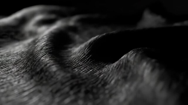 A visually striking abstract textured fabric, featuring a dark, rippled pattern that creates a compelling monochrome background with a deep material texture.