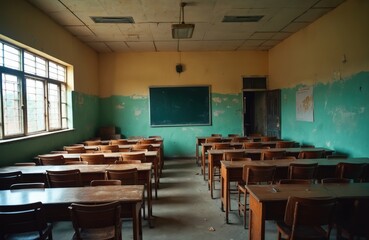 Empty classroom with old wooden desks and chairs, dirty walls, blackboard. Concept education in third world poor school. Charity donation concepts, children education help.