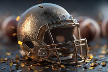 On a black surface, a golden football helmet and a ball encircled by confetti Golden hues represent the celebration of victory. Generative Ai