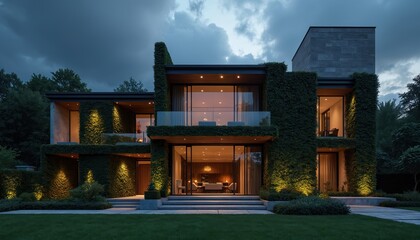 Modern luxury mansion with ivy walls illuminated at dusk. Dramatic sky creates moody atmosphere. Exterior design features rich greenery, stone elements, creating high-end residential feel.