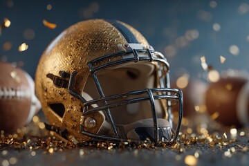 On a black surface, a golden football helmet and a ball encircled by confetti Golden hues represent the celebration of victory. Generative Ai
