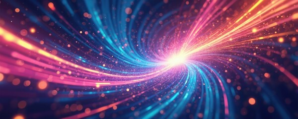 Abstract illustration of data transfer process. Data streams as colorful glowing lines, swirls, light explosions in cyberspace. Concept of fast connection, digital information flow.