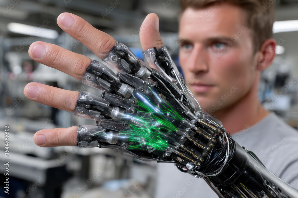 Poster man showcasing advanced robotic hand with glowing elements in a modern workshop environment