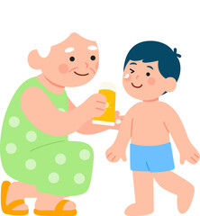 남자아이에게 선크림 발라주는 할머니
