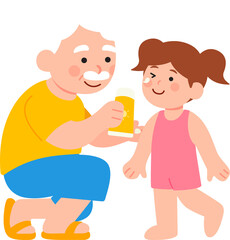 여자아이에게 선크림 발라주는 할아버지