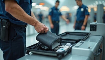 Security officers check luggage at airport. Officers examine suitcase contents at security checkpoint. Travel, safety regulations compliance at aerodrome. Baggage inspection procedure for passenger
