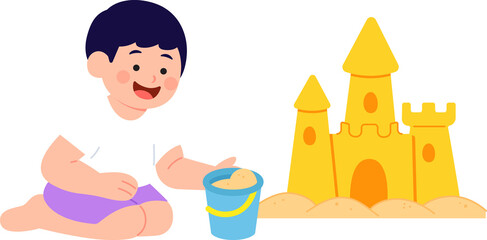 모래놀이하는 남자아이 남색머리