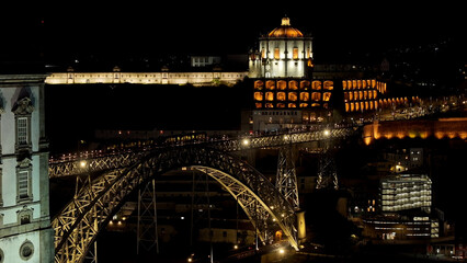 Night Dom Luis I Bridge At Porto In District Of Porto Portugal. City At Night Scene. Illuminated...