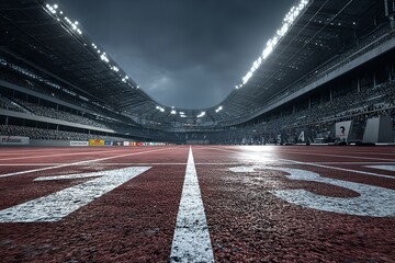 A front view of a sports arena including starting blocks and a racetrack. Generative Ai