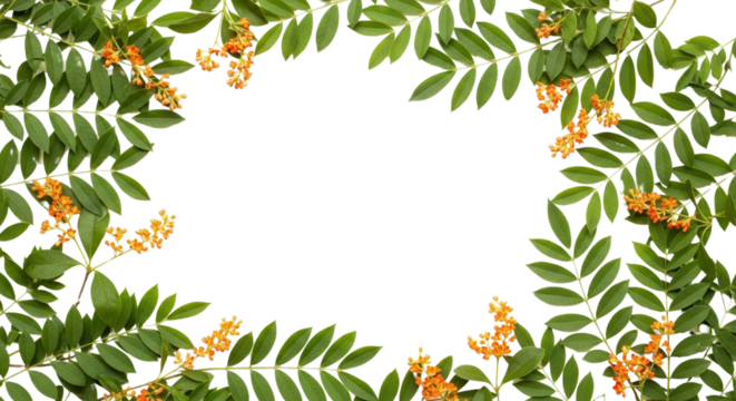 Botanical frame with green leaves and orange flower accents isolated PNG with Transparent Background