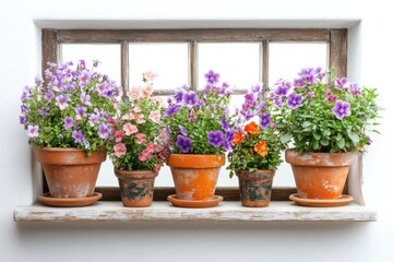Charming flower pots line a window blooming with delicate hues bathed in natural in white background. Generative Ai