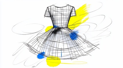 Abstract White Dress Illustration with Blue and Yellow Paint Splashes